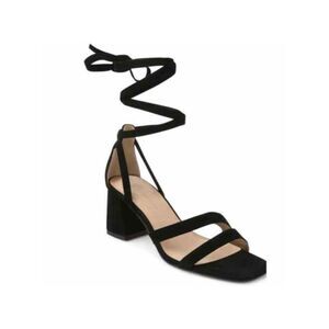 BCBGENERATION Womens Black OutDeena Square Toe Block Heel Leather Sandals 7 M